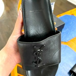 SAINT LAURENT YSL BLACK LEATHER SLIDES